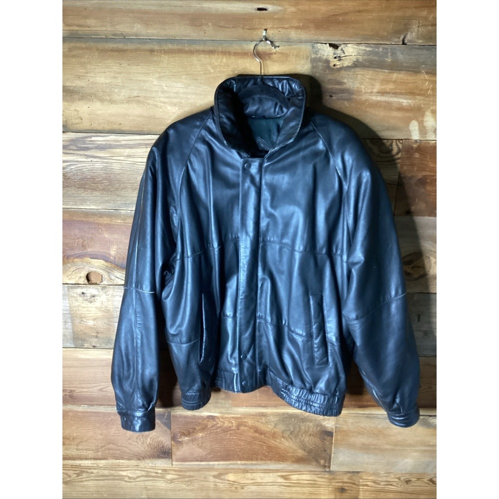 Vtg Gant Black Leather Bomber Jacket Distressed  Elastic Waist Large